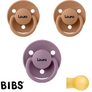 Bibs de Lux sutter med navn (1 Mauve, 2 Earth) Runde Latex str.2, 3 pack